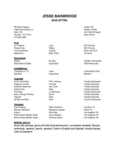Resume for Jesse Bainbridge listing film, television, commercial, theatre credits and training information